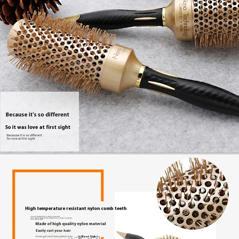 Golden Nylon Wool Ceramic Tube Rolling Comb with Pointed Tail for Hair Styling
