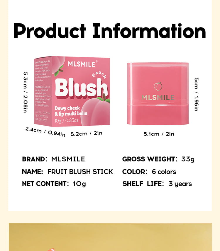 Flat Tube Fruit Blush Stick 10g Cream for Natural Lip and Cheek Color