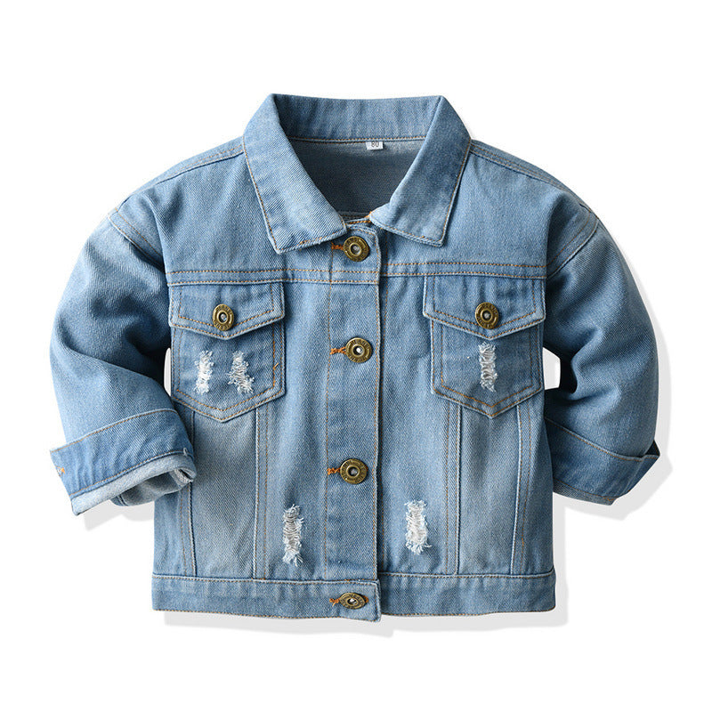 Distressed Cardigan Denim Short Long Sleeve Lapel Children’s Wear