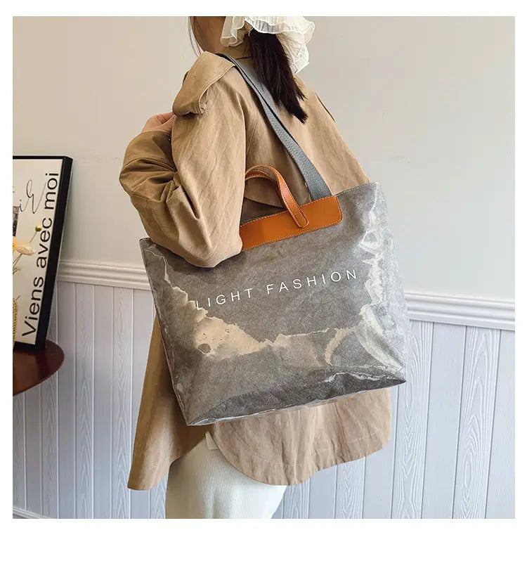 Kraft Paper Shoulder Bag Medium Square Tote in Neutral and Green Colors