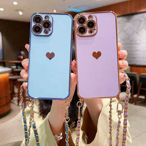 Electroplated Love Lanyard Phone Case for iPhone 11 12 8 with Anti-fall TPU - electroplated love lanyard phone case