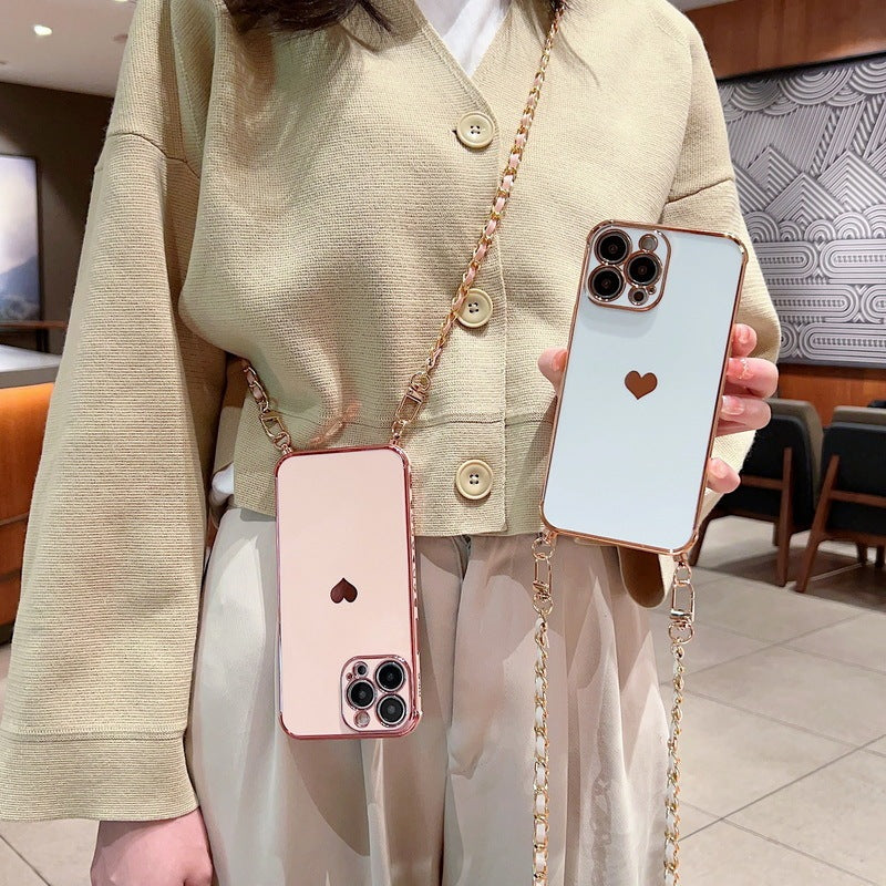 Electroplated Love Lanyard Phone Case for iPhone 11 12 8 with Anti-fall TPU - electroplated love lanyard phone case