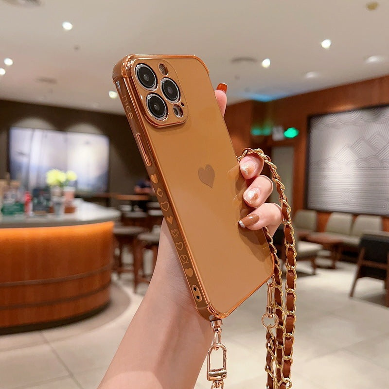 Electroplated Love Lanyard Phone Case for iPhone 11 12 8 with Anti-fall TPU - electroplated love lanyard phone case