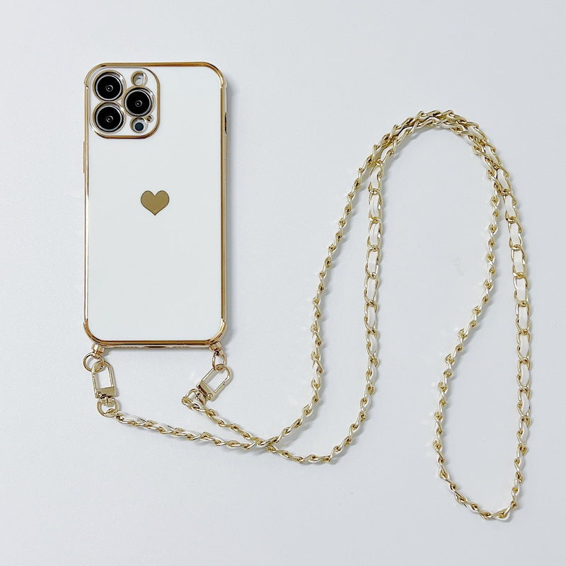 Electroplated Love Lanyard Phone Case for iPhone 11 12 8 with Anti-fall TPU - electroplated love lanyard phone case