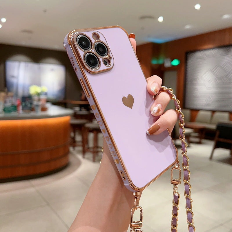 Electroplated Love Lanyard Phone Case for iPhone 11 12 8 with Anti-fall TPU - electroplated love lanyard phone case