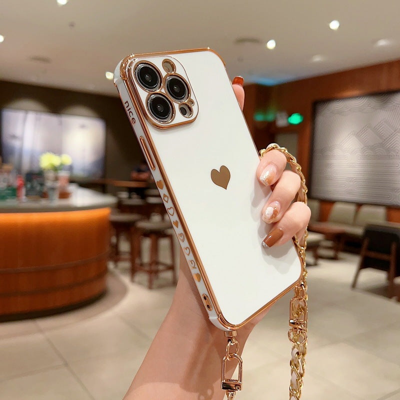 Electroplated Love Lanyard Phone Case for iPhone 11 12 8 with Anti-fall TPU - electroplated love lanyard phone case