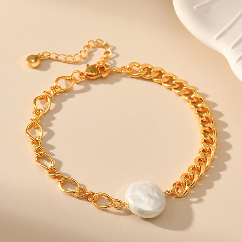 Electroplating Shell Pearls Bracelet with Irregular and Pearl Stitching - irregular shell pearls bracelet pearl
