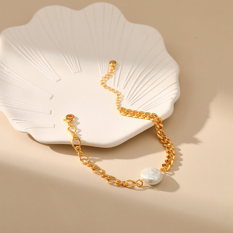 Electroplating Shell Pearls Bracelet with Irregular and Pearl Stitching - irregular shell pearls bracelet pearl