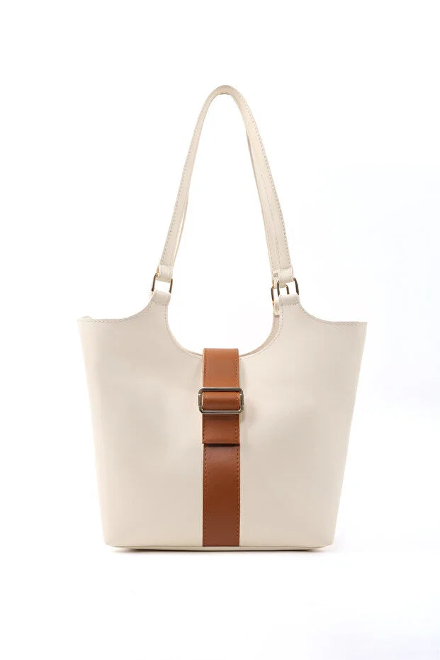 Brown Faux Leather Snap Closure Crossbody Hand Bag Single Compartment Shoulder Arm and Handbag White