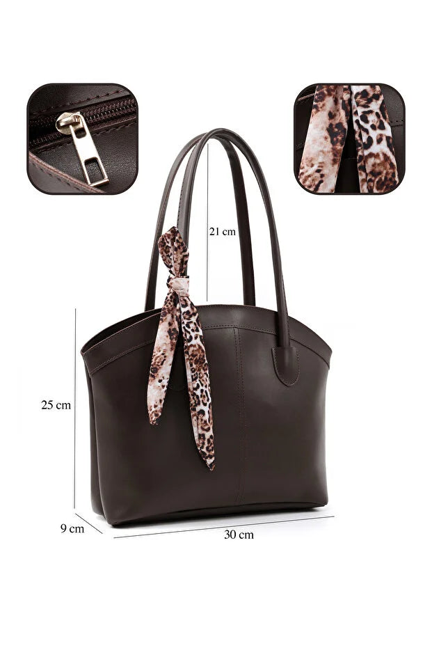 Faux Leather Zippered Shoulder Bag Single Compartment Handbag with Scarf Gift Womens Hand Shoulder Crossbody Bag Brown