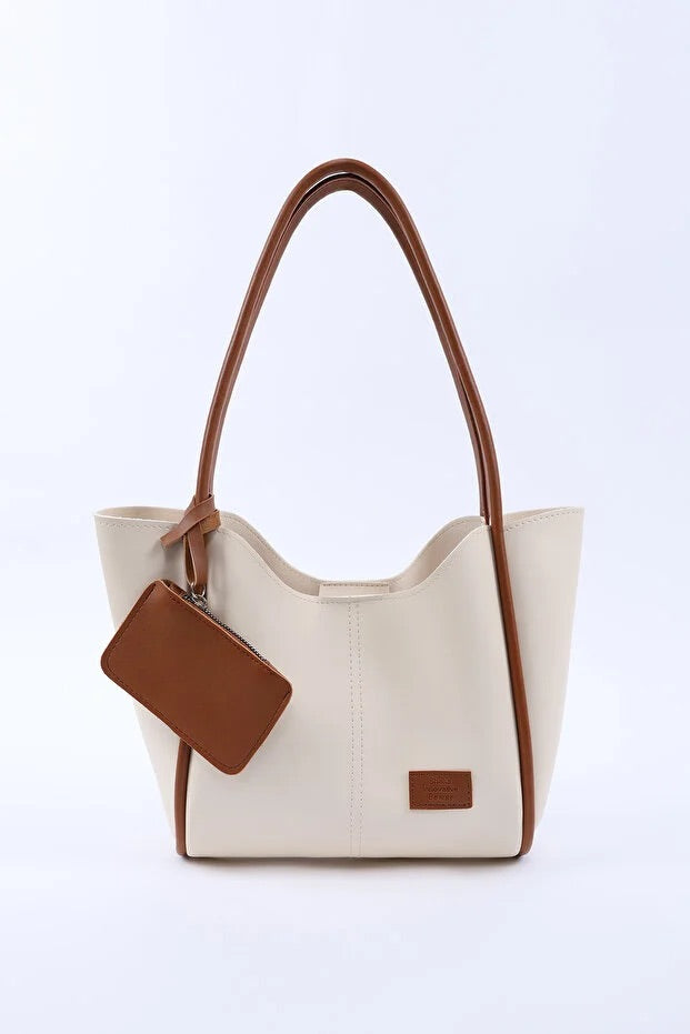 Cream tan SHK108 faux leather women hand and shoulder bag with wallet and makeup bag