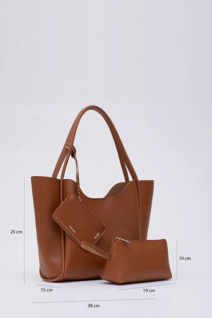 Tan SHK108 faux leather women hand and shoulder bag with wallet and makeup bag