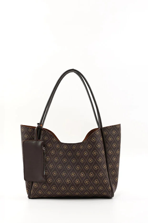 Monogram brown SHK108 faux leather women hand and shoulder bag with wallet and makeup bag