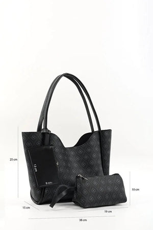 Monogram black SHK108 faux leather women hand and shoulder bag with wallet and makeup bag