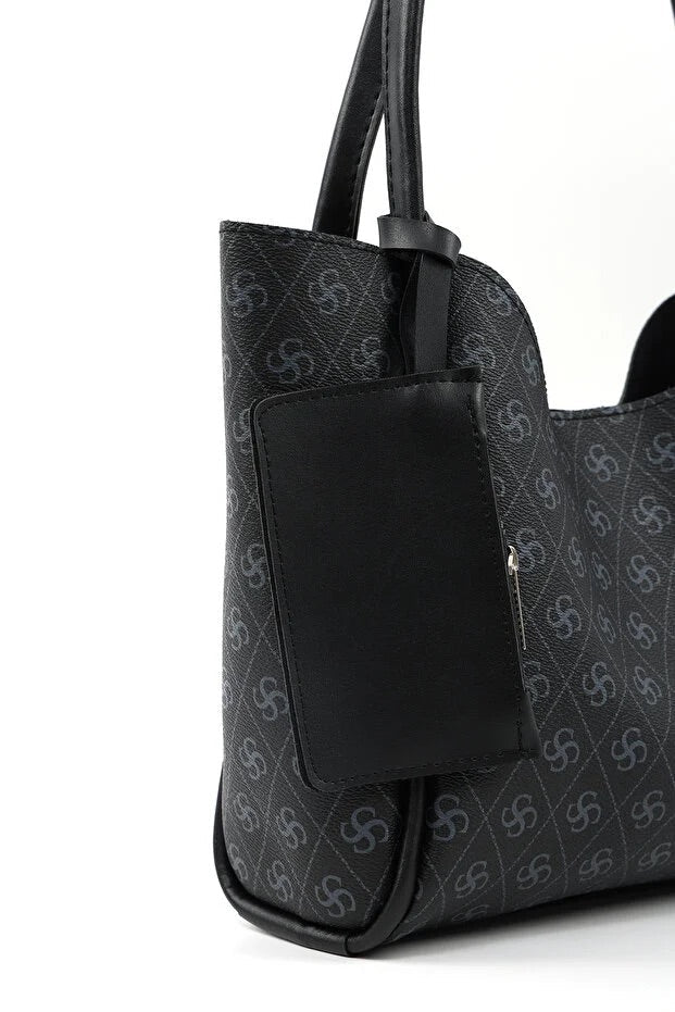 Monogram black SHK108 faux leather women hand and shoulder bag with wallet and makeup bag