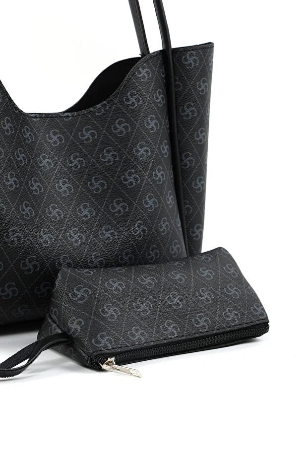 Monogram black SHK108 faux leather women hand and shoulder bag with wallet and makeup bag