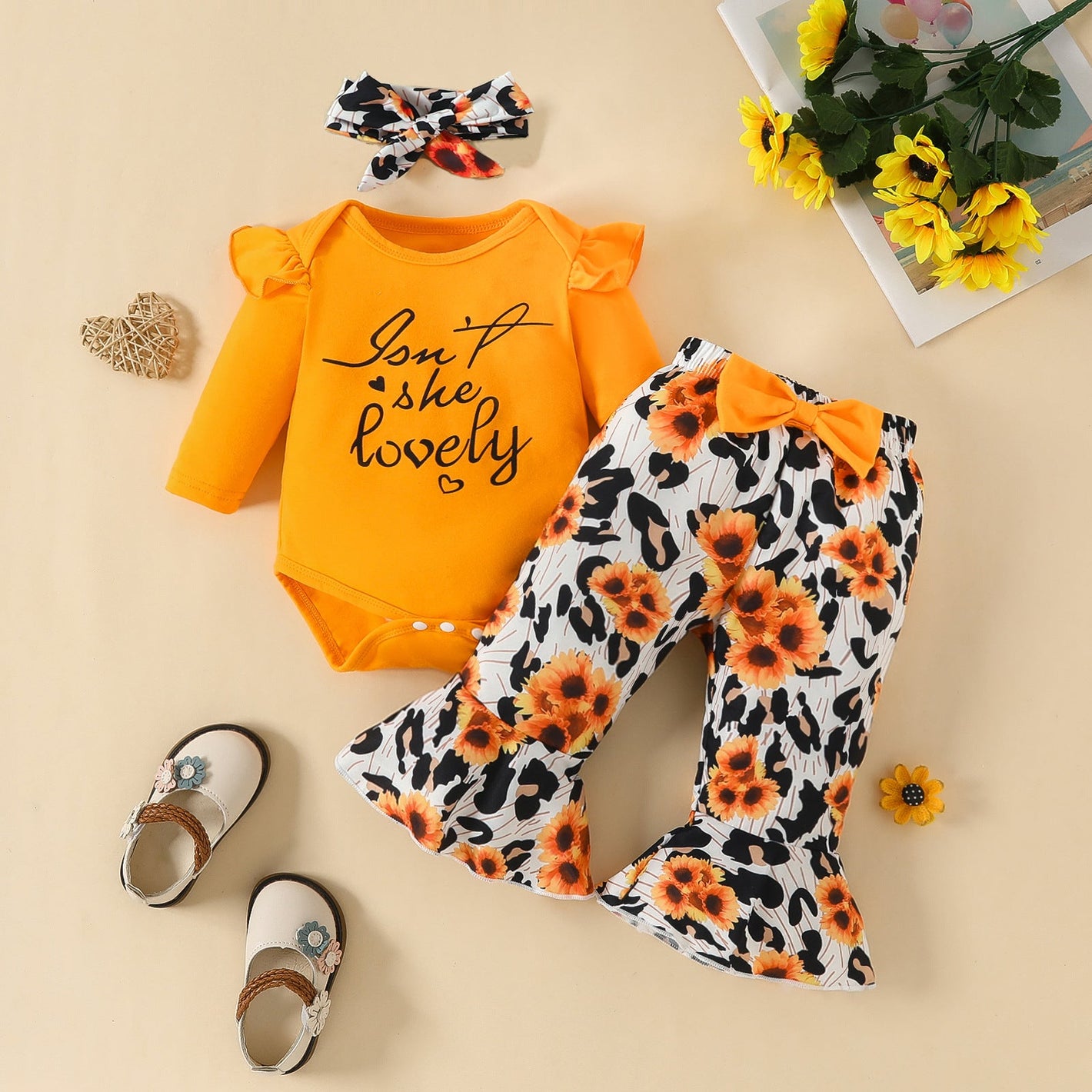 White and Orange Childrens Pants Set with Leopard Print for US Market - Romper That Roars Style Tots united states chf