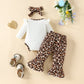 Embroidered Long-sleeved Triangle Romper Bow Leopard Print Bell-bottom Pants European And American - Leopard Print