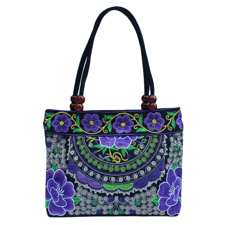 Ethnic Style Embroidered Handbag with Wooden Embroidery and Inner Zipper - Teleplus ethnic style embroidered handbag