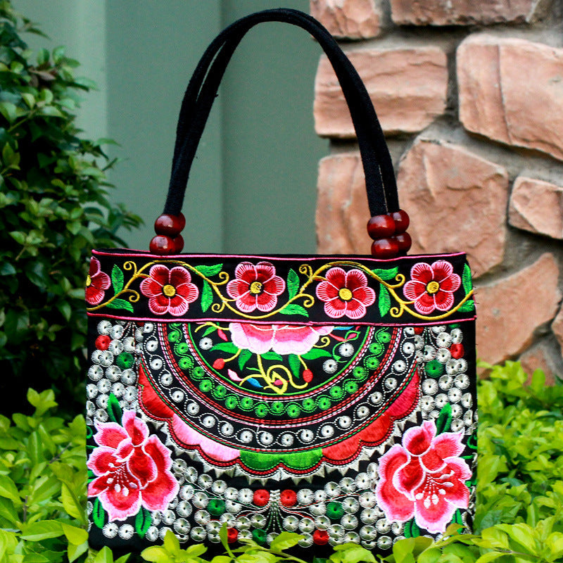 Ethnic Style Embroidered Handbag with Wooden Embroidery and Inner Zipper - Teleplus ethnic style embroidered handbag