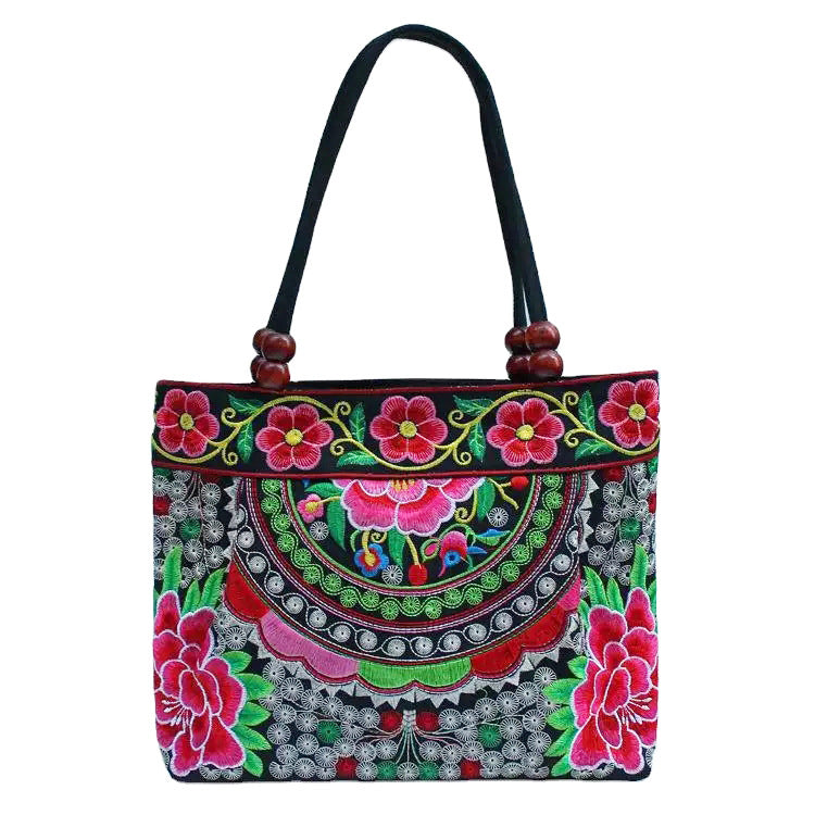 Ethnic Style Embroidered Handbag with Wooden Embroidery and Inner Zipper - Teleplus ethnic style embroidered handbag
