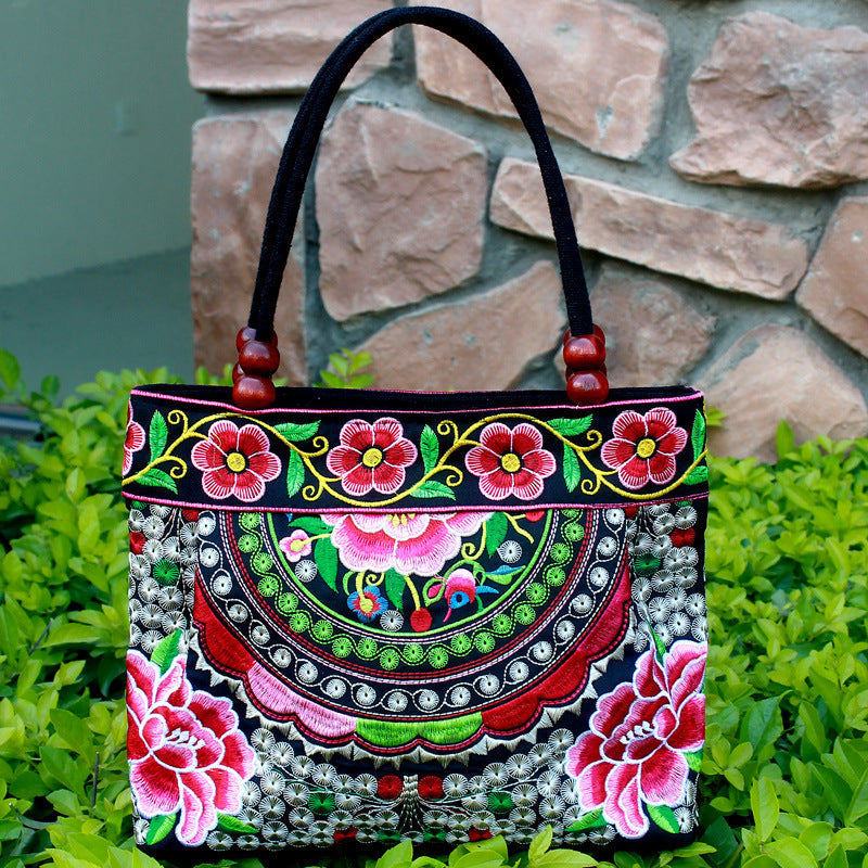 Ethnic Style Embroidered Handbag with Wooden Embroidery and Inner Zipper - Teleplus ethnic style embroidered handbag