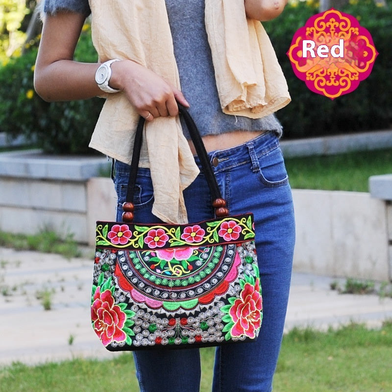 Ethnic Style Embroidered Handbag with Wooden Embroidery and Inner Zipper - Teleplus ethnic style embroidered handbag