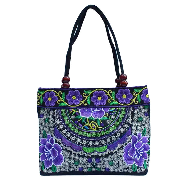 Ethnic Style Embroidered Handbag with Wooden Embroidery and Inner Zipper - Teleplus ethnic style embroidered handbag