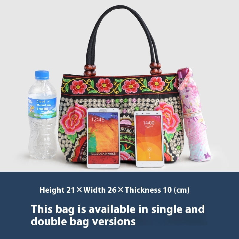Ethnic Style Embroidered Handbag with Wooden Embroidery and Inner Zipper - Teleplus ethnic style embroidered handbag