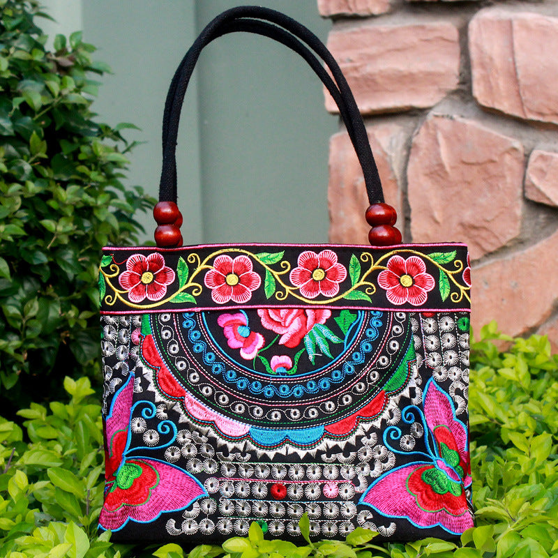 Ethnic Style Embroidered Handbag with Wooden Embroidery and Inner Zipper - Teleplus ethnic style embroidered handbag