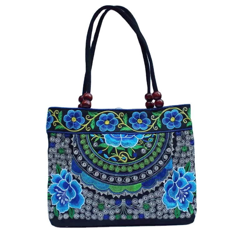 Ethnic Style Embroidered Handbag with Wooden Embroidery and Inner Zipper - Teleplus ethnic style embroidered handbag