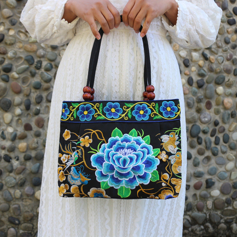Ethnic Style Embroidered Handbag with Wooden Embroidery and Inner Zipper - Teleplus ethnic style embroidered handbag