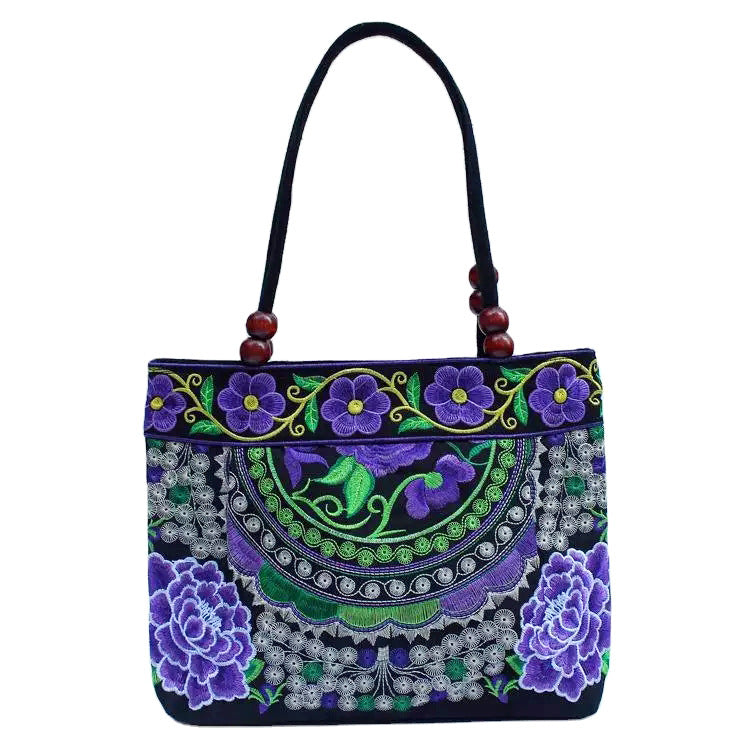 Ethnic Style Embroidered Handbag with Wooden Embroidery and Inner Zipper - Teleplus ethnic style embroidered handbag