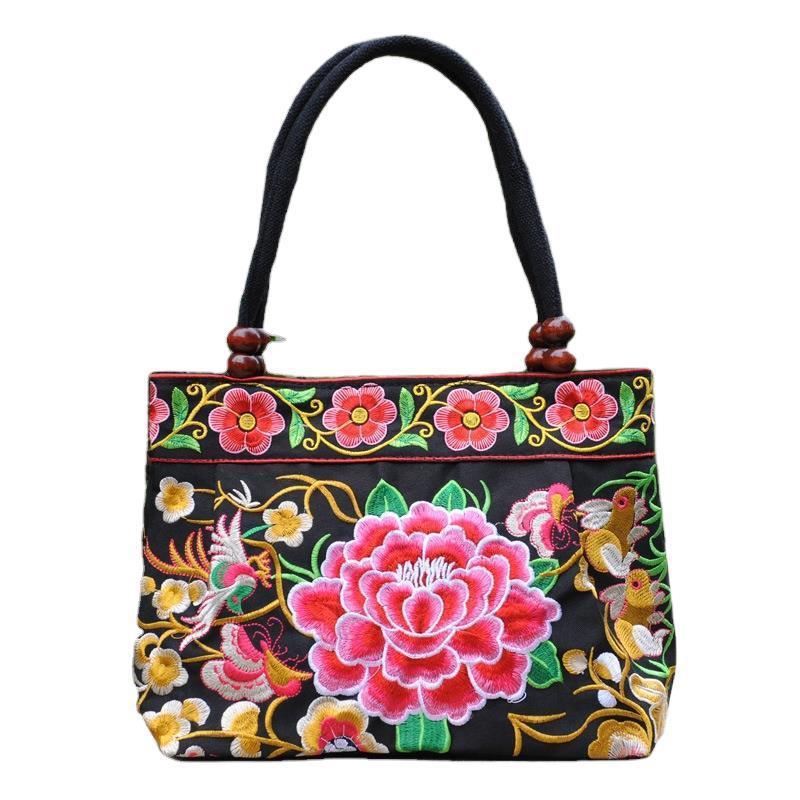 Ethnic Style Embroidered Handbag with Wooden Embroidery and Inner Zipper - Teleplus ethnic style embroidered handbag