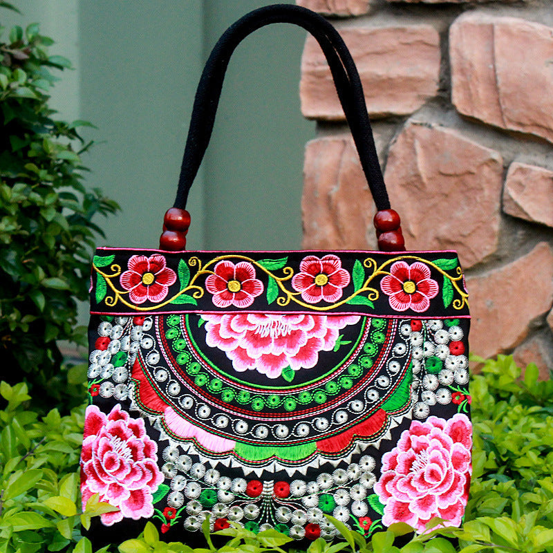 Ethnic Style Embroidered Handbag with Wooden Embroidery and Inner Zipper - Teleplus ethnic style embroidered handbag