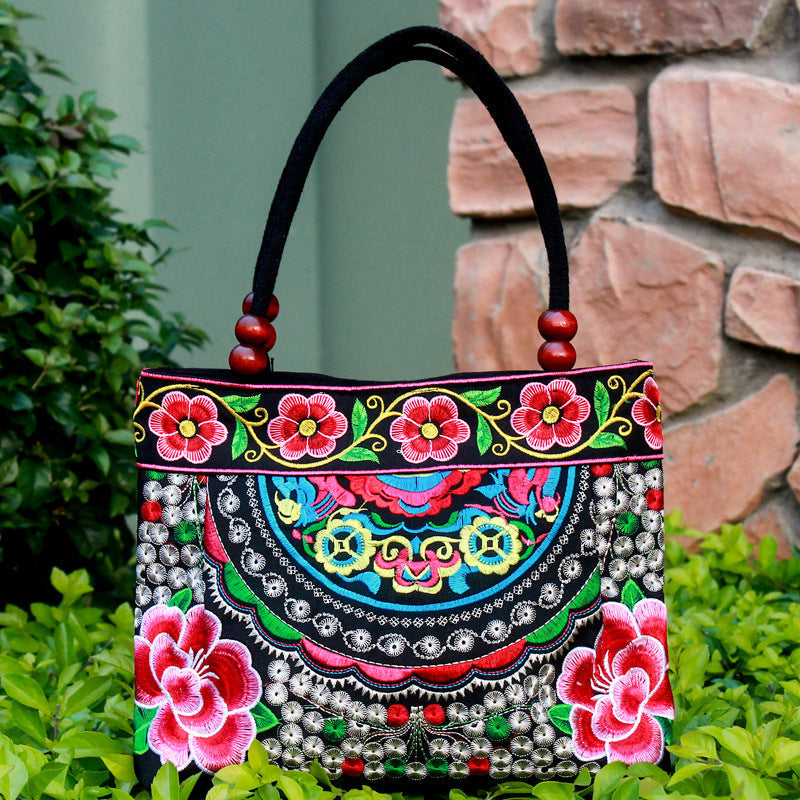 Ethnic Style Embroidered Handbag with Wooden Embroidery and Inner Zipper - Teleplus ethnic style embroidered handbag
