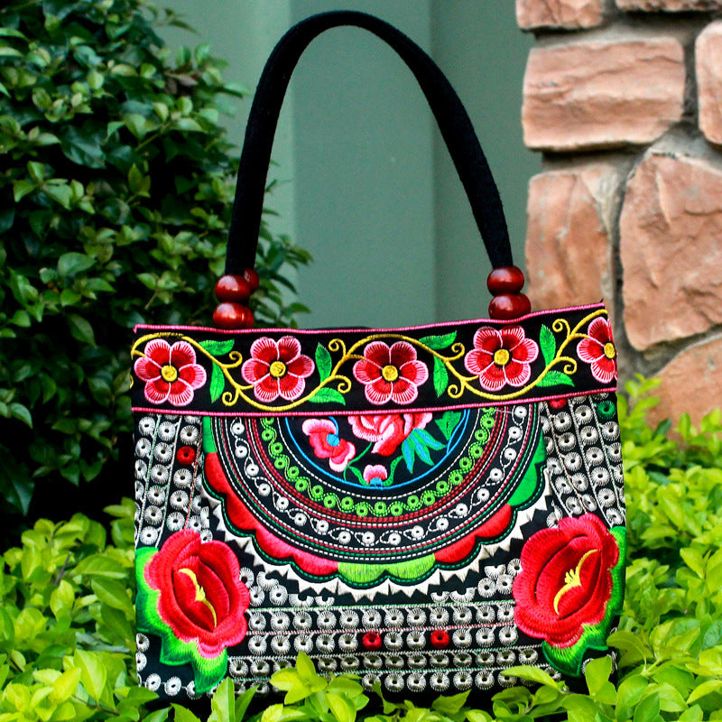 Ethnic Style Embroidered Handbag with Wooden Embroidery and Inner Zipper - Teleplus ethnic style embroidered handbag