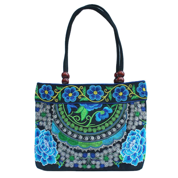 Ethnic Style Embroidered Handbag with Wooden Embroidery and Inner Zipper - Teleplus ethnic style embroidered handbag