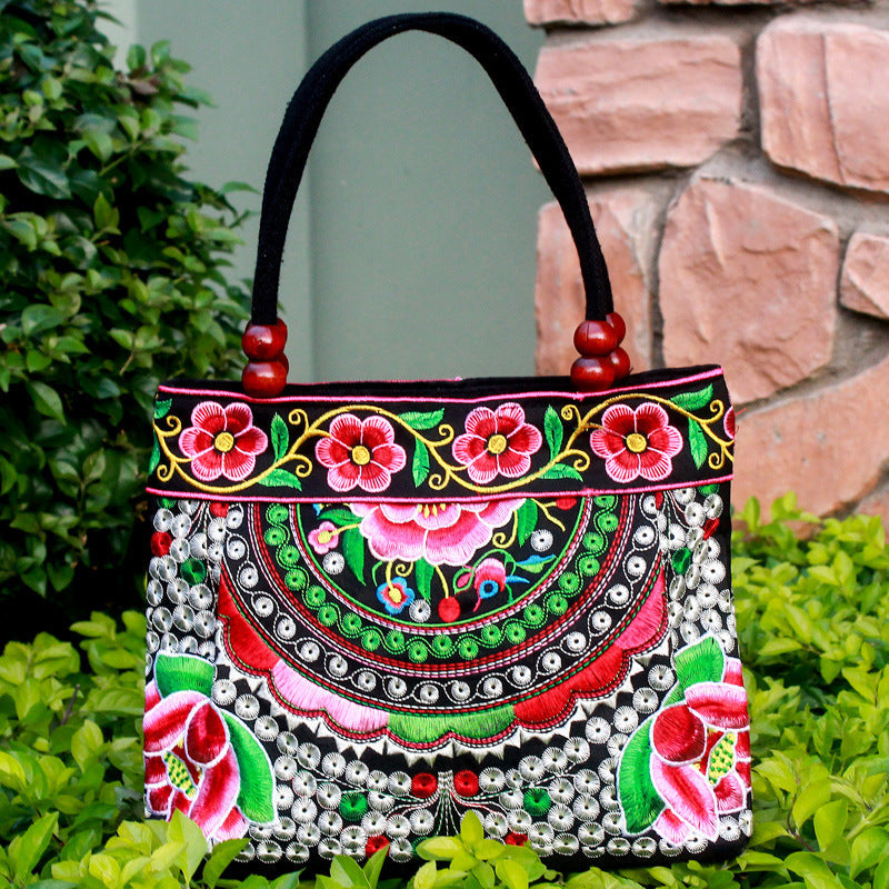 Ethnic Style Embroidered Handbag with Wooden Embroidery and Inner Zipper - Teleplus ethnic style embroidered handbag
