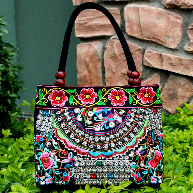 Ethnic Style Embroidered Handbag with Wooden Embroidery and Inner Zipper - Teleplus ethnic style embroidered handbag