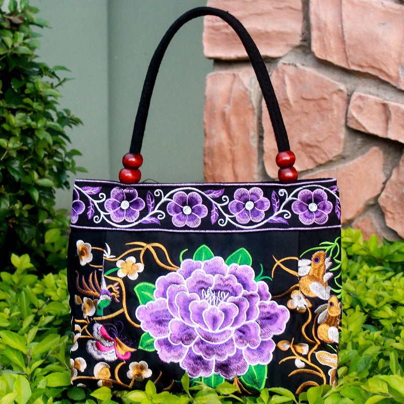 Ethnic Style Embroidered Handbag with Wooden Embroidery and Inner Zipper - Teleplus ethnic style embroidered handbag