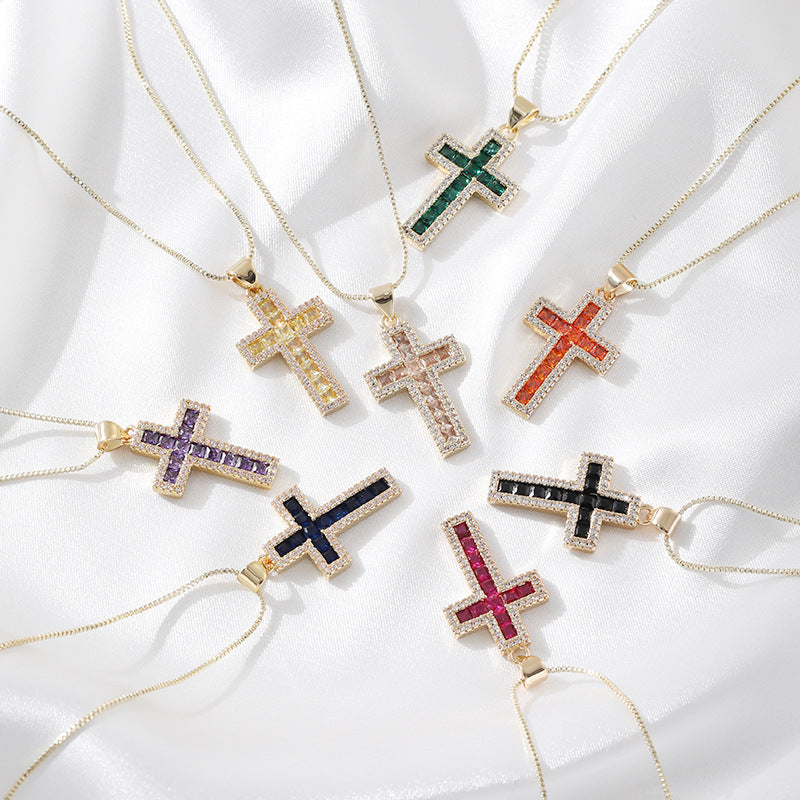 Hip Hop Style Zircon Cross Necklace with Copper Pendant and Chain - for Women hip hop style zircon cross necklace