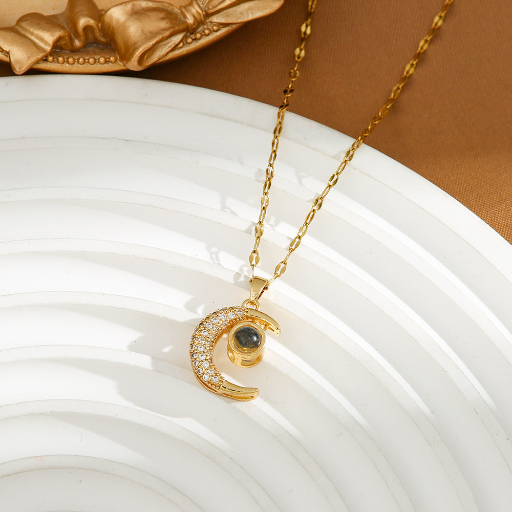 American Ins Style Zircon Moon Necklace with Gold Copper Finish in United States - European and american ins style