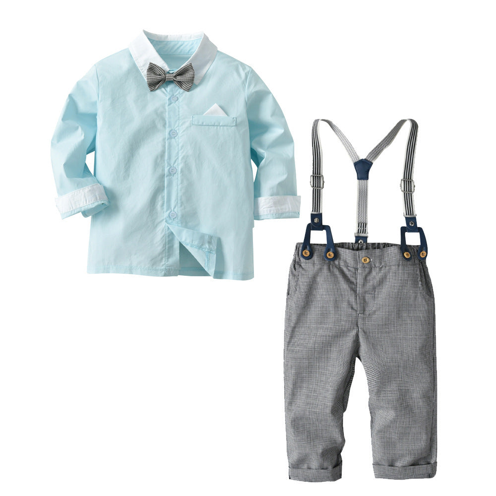 European And American Long-sleeved Contrast Color Shirt Overalls - Stylish Overalls for Tiny Trendsetters in Blue