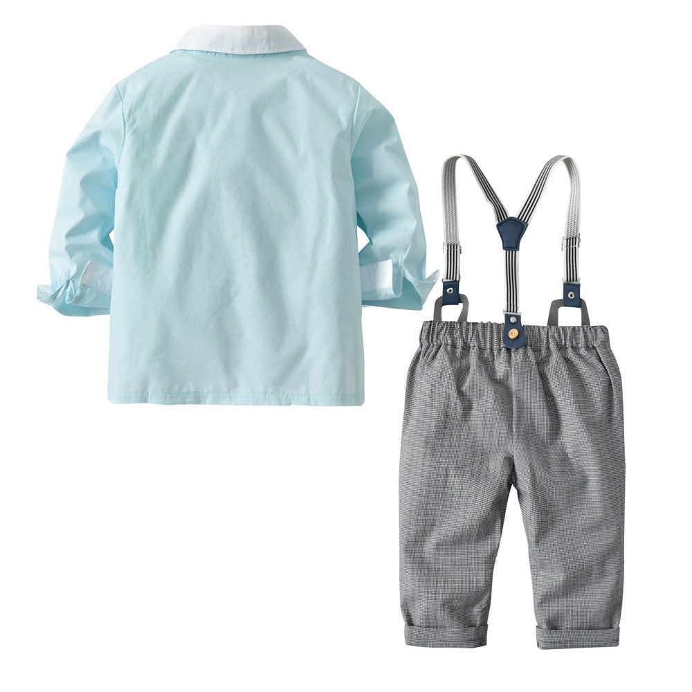 European And American Long-sleeved Contrast Color Shirt Overalls - Stylish Overalls for Tiny Trendsetters in Blue