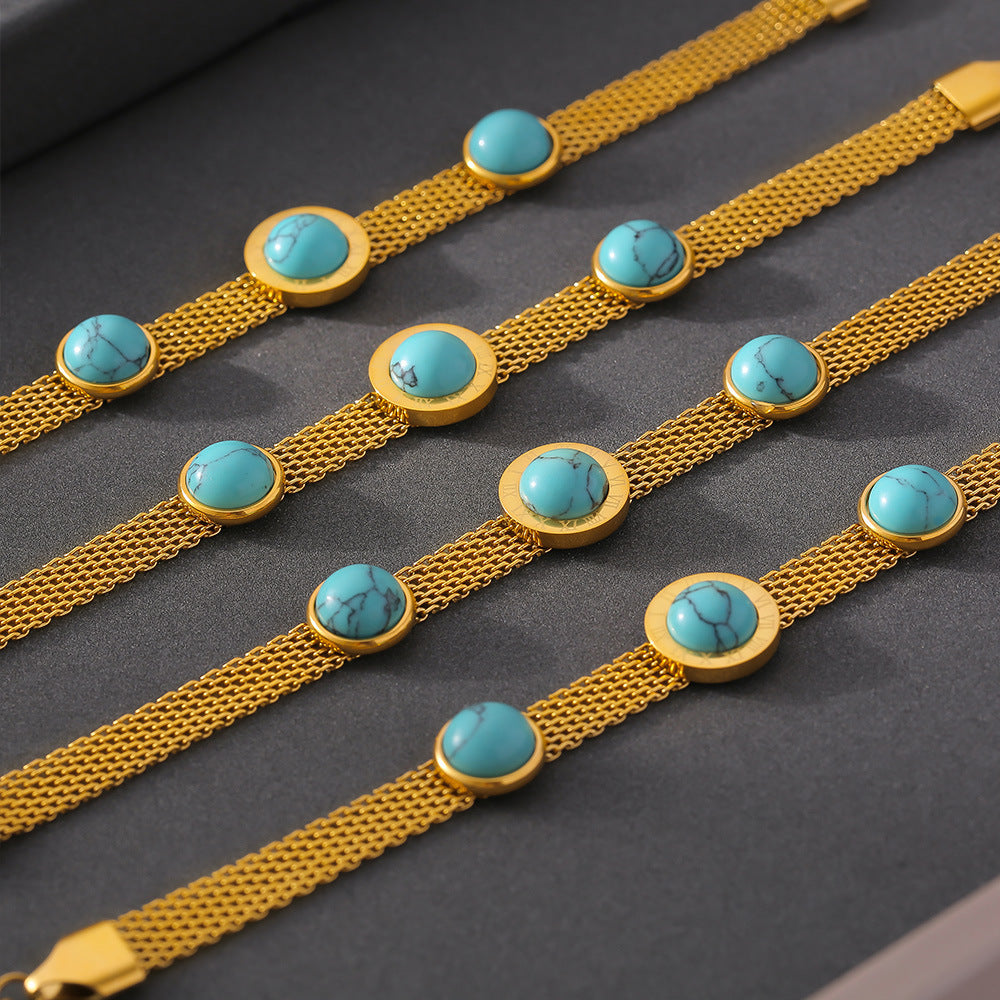 European And American Style New Wide Surface Mesh Round Brand Turquoise Bracelet Retro Personality Design Titanium