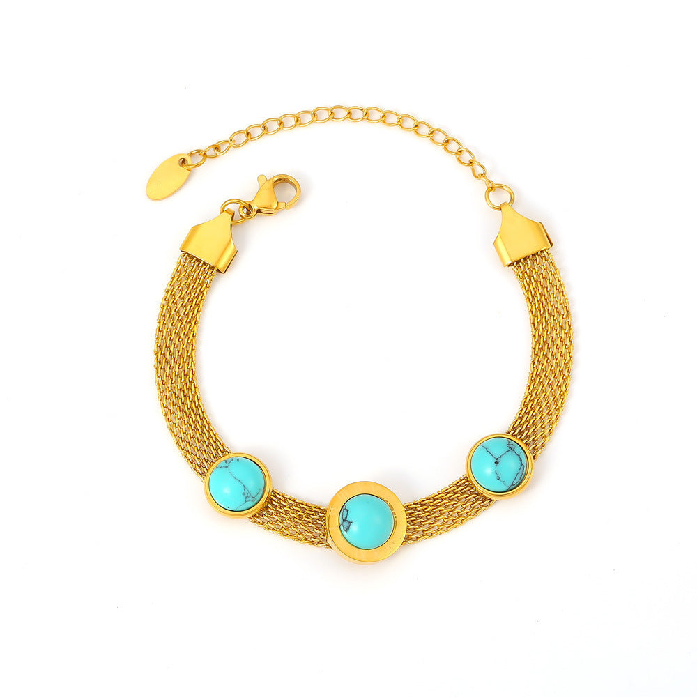 European And American Style New Wide Surface Mesh Round Brand Turquoise Bracelet Retro Personality Design Titanium