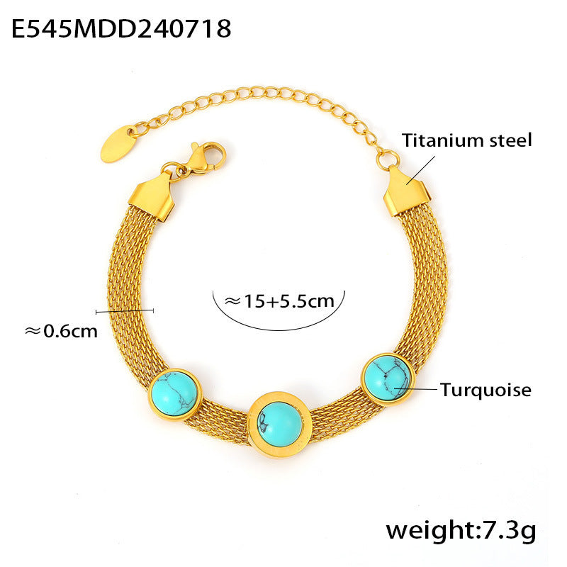 European And American Style New Wide Surface Mesh Round Brand Turquoise Bracelet Retro Personality Design Titanium