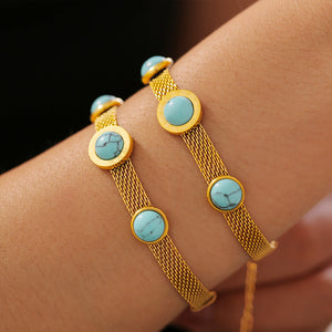 European And American Style New Wide Surface Mesh Round Brand Turquoise Bracelet Retro Personality Design Titanium