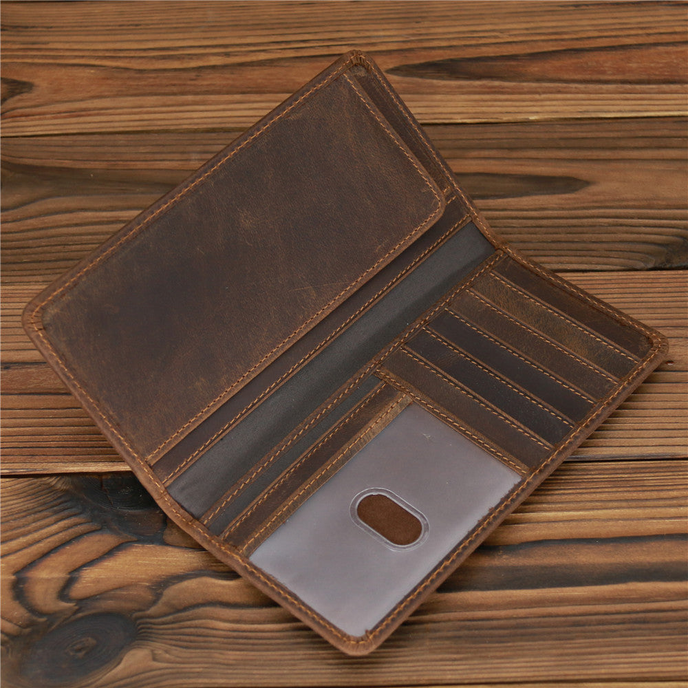 European Retro Leather Long Wallet for Men in Dark and Reddish Brown - Men’s Fashion Crazy Horse Lovers united states